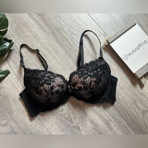 International Intimates Black Lace Underwire Push Up Padded Bra. Size 36C